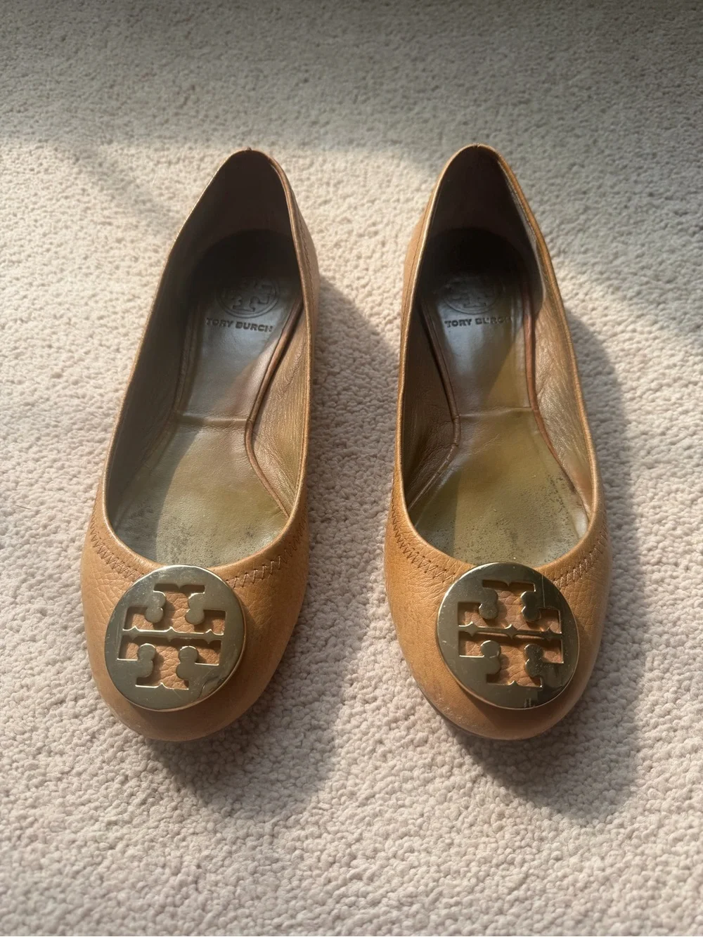 Tory Burch Caramel Leather Logo Medallion Flats